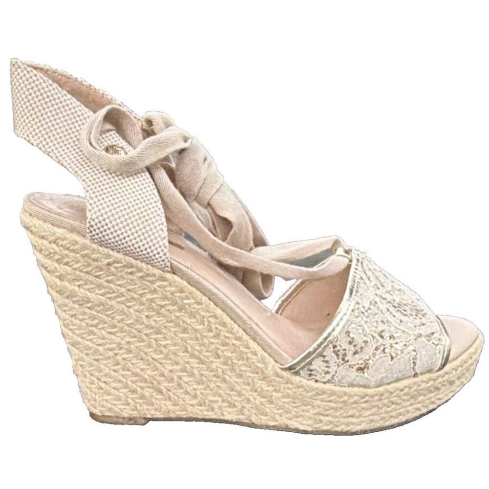 GUESS Lace Espadrille Wedge Sandals Beige Ankle Tie Women’s US 7 coastal chic